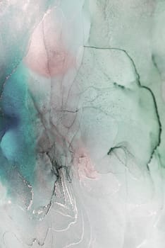 An abstract painting featuring swirling patterns in shades of teal, grey, and pink. The ink creates a dynamic and ethereal visual.