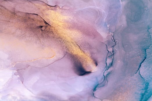 An abstract image featuring a vibrant swirl of purple, gold, and blue inks. The image evokes a sense of fluidity and movement.