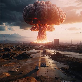 A photograph of a nuclear explosion against the backdrop of destroyed buildings and vacant lots and people. Military combat operations. Nuclear mushroom. Weapons of mass destruction.