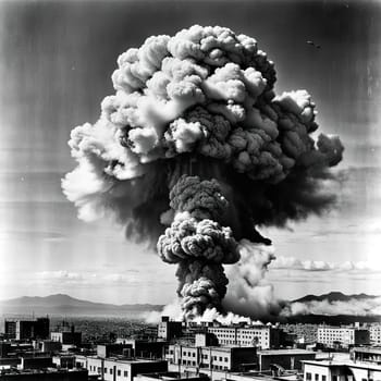 A photograph of a nuclear explosion against the backdrop of destroyed buildings and vacant lots and people. Military combat operations. Nuclear mushroom. Weapons of mass destruction.