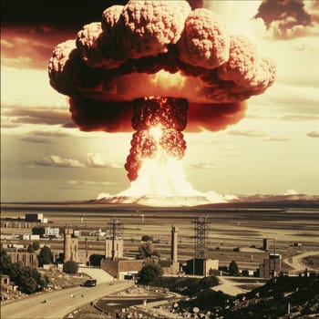 A photograph of a nuclear explosion against the backdrop of destroyed buildings and vacant lots and people. Military combat operations. Nuclear mushroom. Weapons of mass destruction.