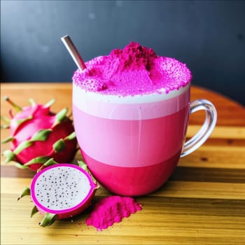 Photo of pink matcha from bright dragon fruit powder. It is rich in vitamins and minerals. Sweet taste reminiscent of a mixture of strawberries and kiwi.