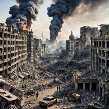 Photograph of destroyed buildings and houses due to the war. Mass destruction. Lifeless cities. Combat operations on the territory of civilians. Concrete, stones and glass shards.