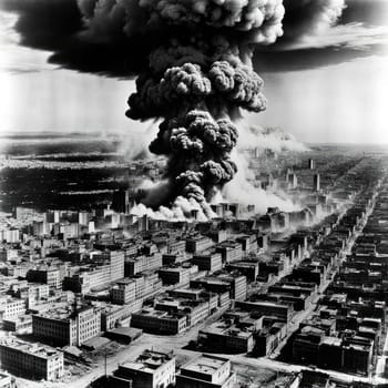 A photograph of a nuclear explosion against the backdrop of destroyed buildings and vacant lots and people. Military combat operations. Nuclear mushroom. Weapons of mass destruction.