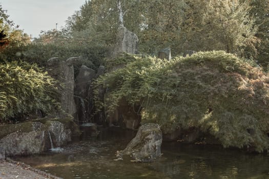 Scenic Japanese style gardens with a waterfall in the park, in autumn. Japanese water garden. Waterfall with maple trees in Japanese green Garden Park green summer zen lake pond water in London, UK