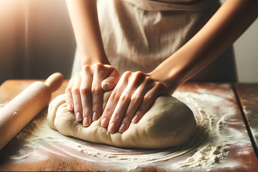 a woman's hands kneading dough on a wooden surface.