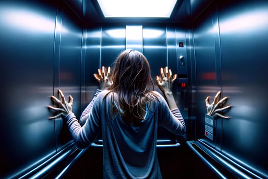 frightened young woman suffering from claustrophobia in an elevator, a large number of hands symbolizing panic and fear.
