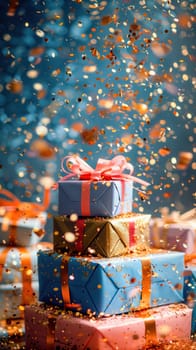 A stack of Christmas presents with confetti falling around them, creating a festive and colorful scene