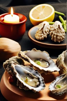 Vertical photo for National oyster day promotions.Wallpaper.Fresh oysters with lemon on a table with ingredients.