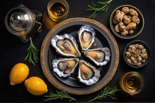Plate of oysterswhith ingrediens and fres herbs ready to celebrate National oyster day. Wallpaper. Zenithal photo for national oyster day promotions.Still life
