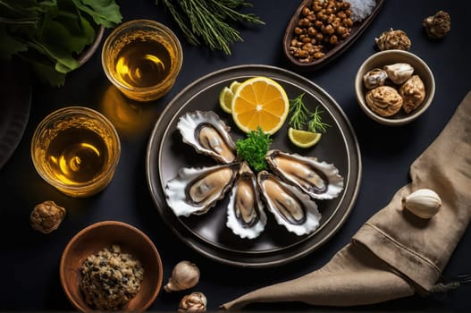 Plate of oysters ready to celebrate National oyster day. Wallpaper. Zenithal photo for national oyster day promotions.