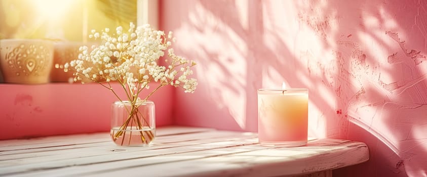 Pink candles and glass vase with white flowers standing on table, sunlight on pastel pink wall. Mock up, space for copy.