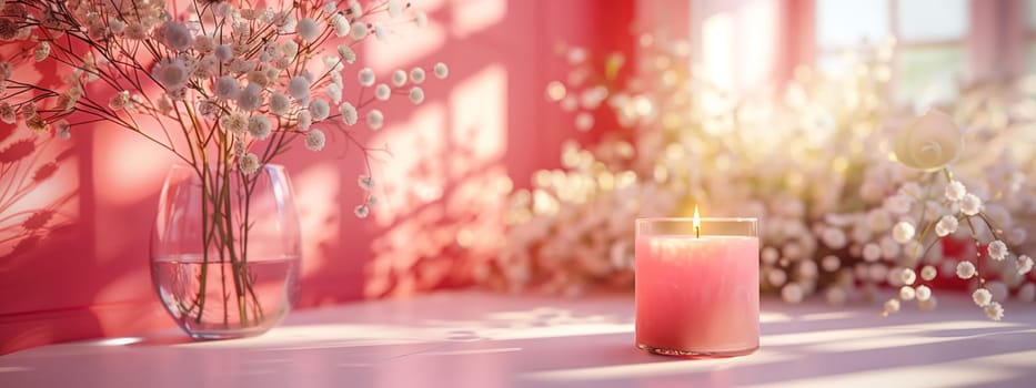 Pink candles and glass vase with white flowers standing on table, sunlight on pastel pink wall. Mock up, space for copy.