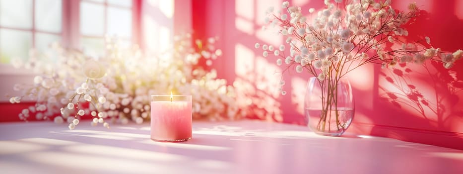 Pink candles and glass vase with white flowers standing on table, sunlight on pastel pink wall. Mock up, space for copy.