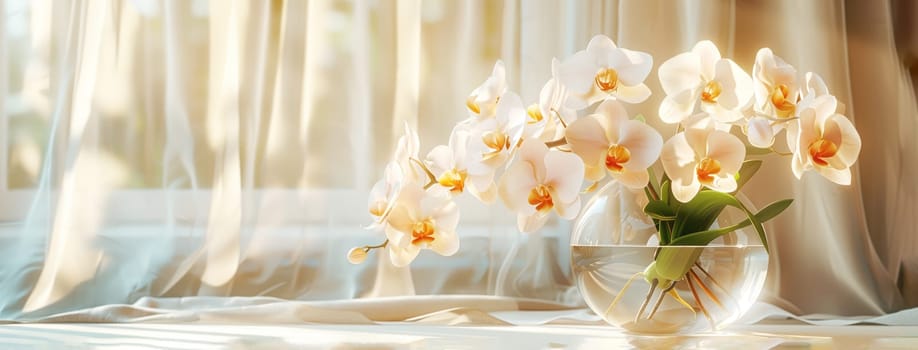 Orchids flower in transparent glass vase standing on white table, sunlight on pastel ivory color wall with the light coming in through the window creating shadows. Mockup template. copy space.