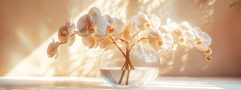 Orchids flower in transparent glass vase standing on white table, sunlight on pastel ivory color wall with the light coming in through the window creating shadows. Mockup template. copy space.