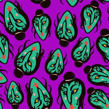 Purple seamless pattern of green playful whimsical cartoon-style faces