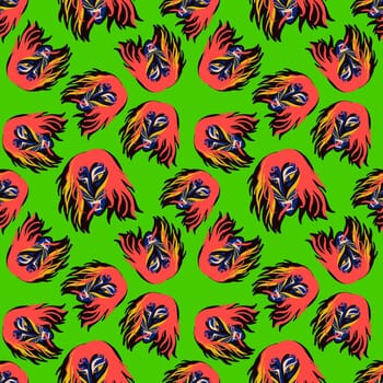 Seamless pattern with creepy demonic faces with flames in their hair for Halloween