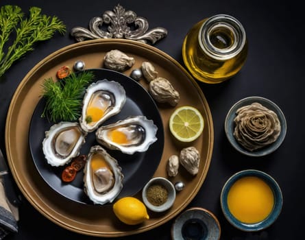 Top view of fresh oysters with lemon on a black table with ingredients. Plate of oysters ready to celebrate National oyster day. Wallpaper.