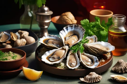 Side view of fresh oysters with lemon with ingredients. Plate of oysters ready to celebrate National oyster day.Picture for national oyster day promotion