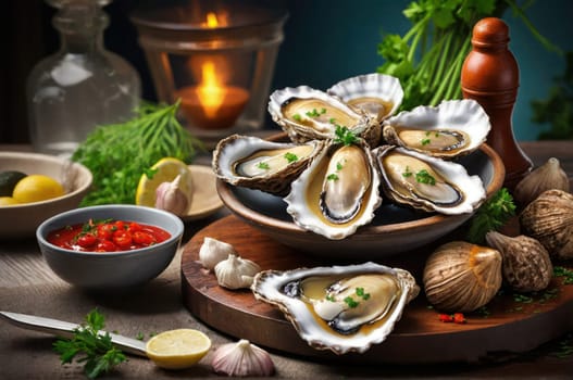 Plate of oysters ready to celebrate National oyster day. Side view of fresh oysters with ingredients with .Banner for sea food promotion.Photo for a menu card of a restaurant .