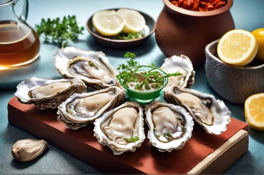 Close-up photo of fresh oyster ready for dinner.Side view of fresh oysters with ingredients. Banner for sea food promotion. Menu card of a restaurant