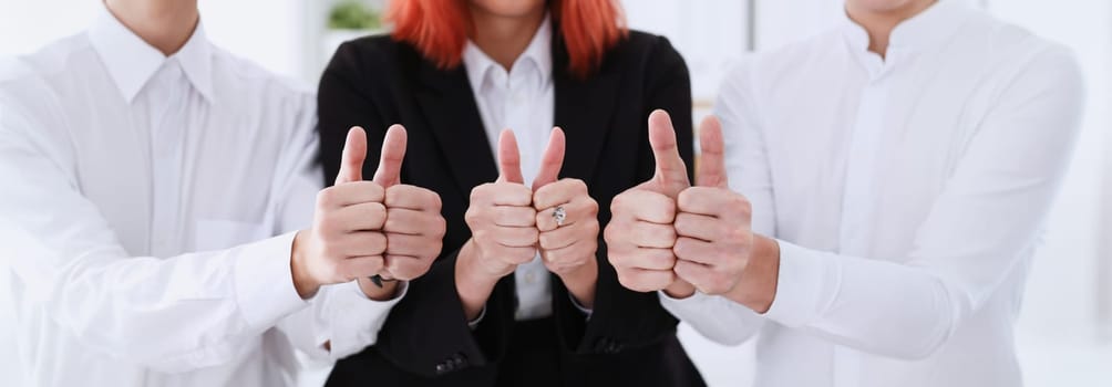 Group of people show ok or confirm with thumb up during conference closeup. High level quality product serious offer excellent education mediation solution creative advisor participation concept