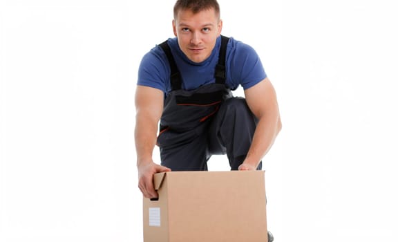 Specialist courier delivery service carries boxes with parcels things of customers working as a loader delivers everything to the specified addresses, ready to fulfill any order at a specified time