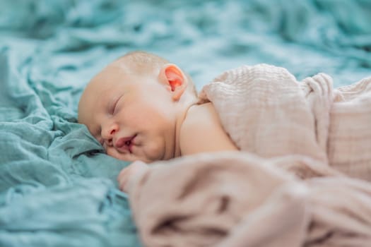 The baby is sleeping peacefully in his cozy nest. Newborn photo session captures the serene innocence and warmth of early moments.