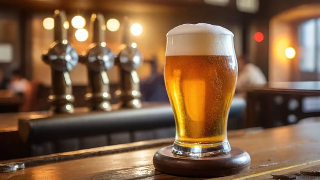 Pint of beer with foam on a rustic bar. German beer garden. Out of focus background. Graphic resource for beer promotion.