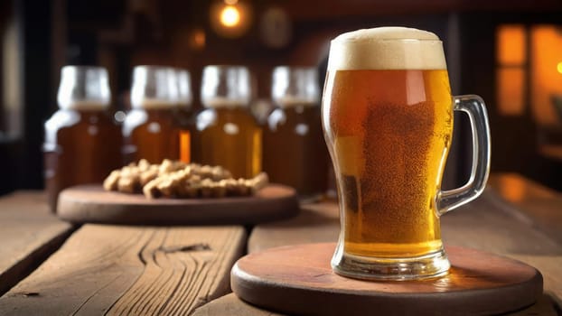 Pint of beer with foam on a rustic bar. German beer garden. Out of focus background. Horizontal graphic resource for beer promotion.