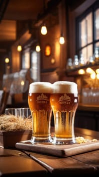 Beer glass with foam on rustic bar. Oktoberfest banner. Graphic resource for beer and brewpubs promotion.German brewery. Out of focus background.