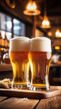 Vertical shot of two pints of golden lager beer with blurred background on a bar.Graphic resource for beer and brewpubs promotion.Beer glass with foam on rustic bar.