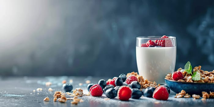 Glass of yogurt with raspberries and blueberries beside bowl of granola on dark background. Healthy breakfast with fresh fruits and granola. Close up with copy space. Ai generation. High quality photo