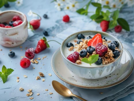 Bowl of yogurt with granola, strawberries, blueberries, raspberries. Fresh berries and granola scattered around. Studio food photography. Healthy breakfast concept. Ai generation. High quality