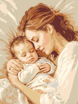 A mother lovingly holds her sleeping baby in a soft, cozy bed. The scene is calm and serene, perfect for promoting products that help babies and parents sleep peacefully.