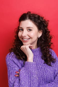 portrait of a girl with braces close-up, woman is happy with braces, beautiful teeth concept