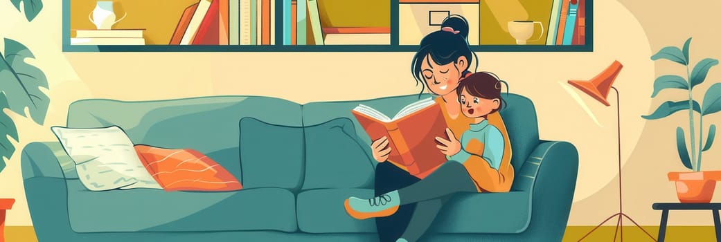 A mother reads a storybook to her child, sitting on a cozy couch in a home setting.