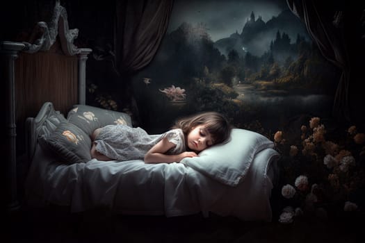 A young girl lies sleeping peacefully on a white bed, draped in soft textiles, with a mystical and moody forest landscape painting serving as a backdrop - Generative AI