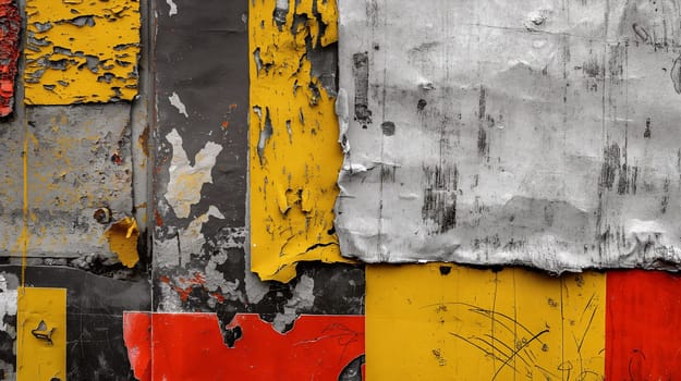 A close-up view of colorful, deteriorating paint layers on an old wall in an urban alleyway, showcasing various textures and shades of yellow, red, black, and white - Generative AI