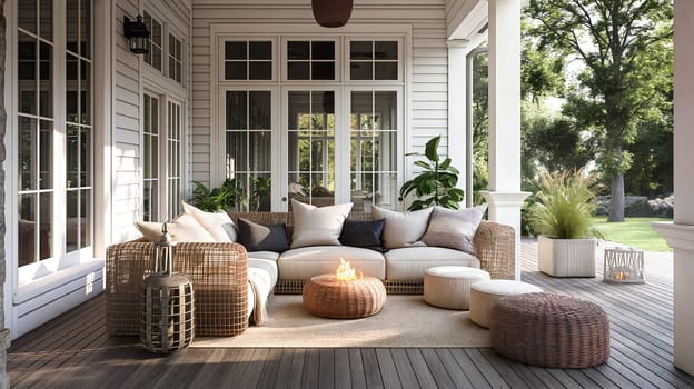 A well-decorated porch featuring a plush sofa with pillows, a lit fire pit table, and wicker accent furniture, suggesting a relaxing afternoon ambiance.