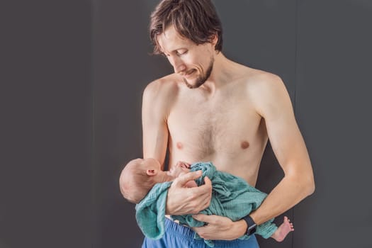 Dad and newborn at home. This tender moment captures the bond between father and child in a loving and comfortable family environment highlighting the joys of parenthood and the warmth of home.