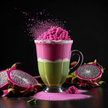 Photo of pink matcha from bright dragon fruit powder. It is rich in vitamins and minerals. Sweet taste reminiscent of a mixture of strawberries and kiwi.