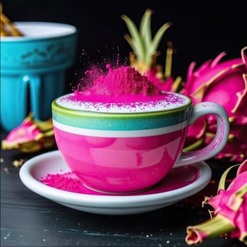 Photo of pink matcha from bright dragon fruit powder. It is rich in vitamins and minerals. Sweet taste reminiscent of a mixture of strawberries and kiwi.