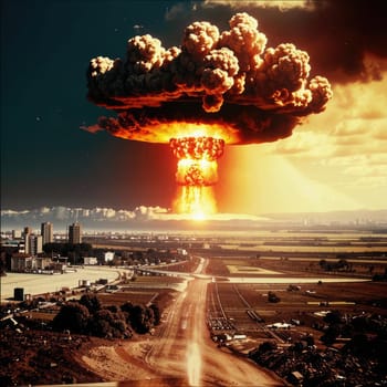 A photograph of a nuclear explosion against the backdrop of destroyed buildings and vacant lots and people. Military combat operations. Nuclear mushroom. Weapons of mass destruction.