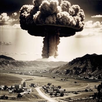 A photograph of a nuclear explosion against the backdrop of destroyed buildings and vacant lots and people. Military combat operations. Nuclear mushroom. Weapons of mass destruction.