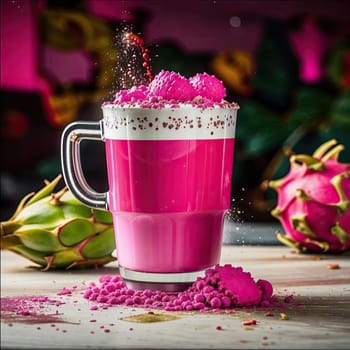 Photo of pink matcha from bright dragon fruit powder. It is rich in vitamins and minerals. Sweet taste reminiscent of a mixture of strawberries and kiwi.