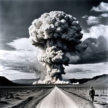 A photograph of a nuclear explosion against the backdrop of destroyed buildings and vacant lots and people. Military combat operations. Nuclear mushroom. Weapons of mass destruction.