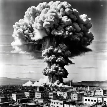 A photograph of a nuclear explosion against the backdrop of destroyed buildings and vacant lots and people. Military combat operations. Nuclear mushroom. Weapons of mass destruction.