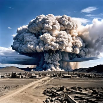 A photograph of a nuclear explosion against the backdrop of destroyed buildings and vacant lots and people. Military combat operations. Nuclear mushroom. Weapons of mass destruction.